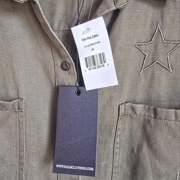 RAILS, New, Marcel Olive Green Embroidred Star Linen Blend Shirt, Size Medium - Picture 11 of 13